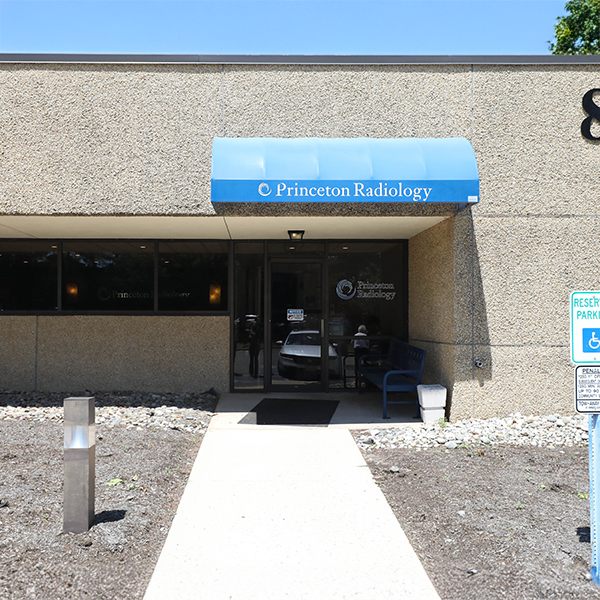 princeton radiology office entrance with blue awning and accessible parking area